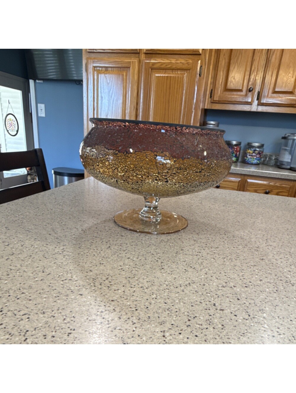 PartyLite Crackle Glass Pedestal Bowl Gold Brown Glossy Decorative